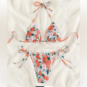 Floral Smocked Tie Side Halter Triangle Bikini Swimsuit